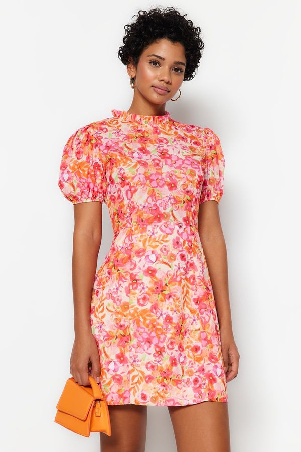 Trendyol Trendyol Red High Neck Floral Pattern Lined Mini Woven Woven Dress