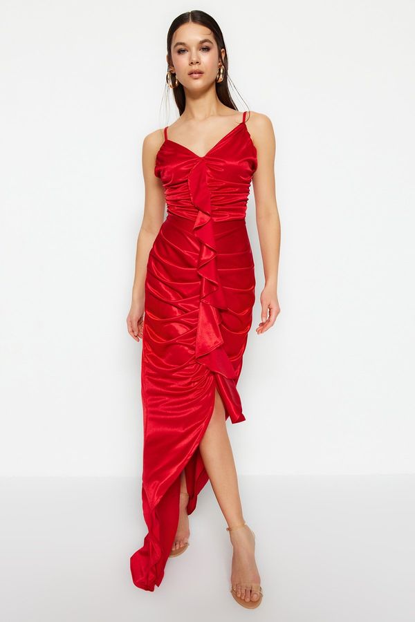 Trendyol Trendyol Red Knitted Satin Flounce Long Evening Evening Dress