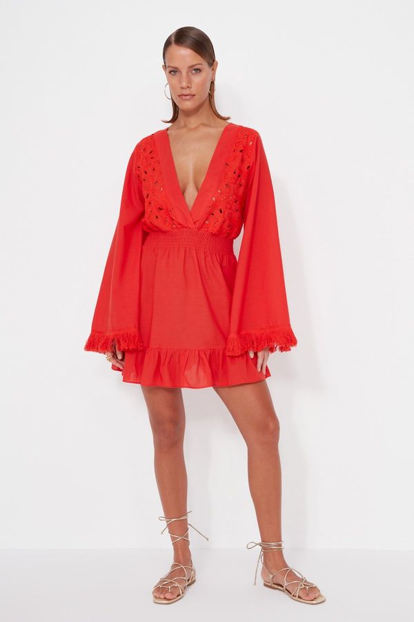 Trendyol Trendyol Red Mini Woven Lace 100% Cotton Beach Dress