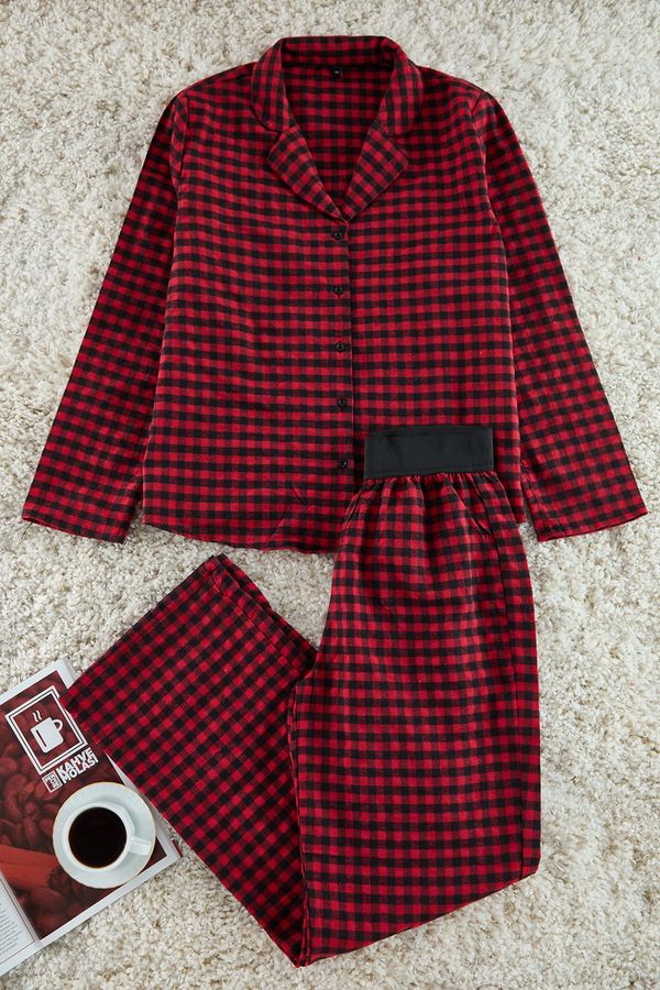 Trendyol Trendyol Red-Multicolored Plaid Elastic Waist Detailed Woven Pajama Set