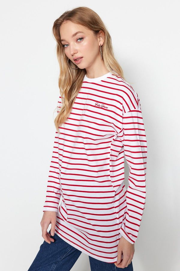 Trendyol Trendyol Red Oversize Embroidered Detailed Knitted Striped Tunic