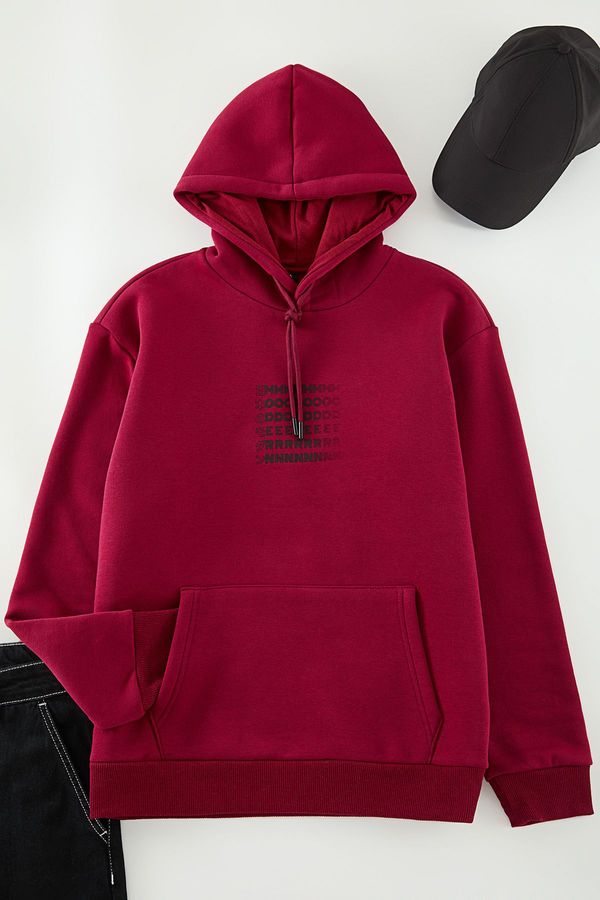 Trendyol Trendyol Red Oversize/Wide Cut Hooded Labyrinth Print Fleece Cotton Sweatshirt