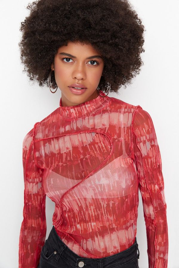 Trendyol Trendyol Red Patterned Stand-Up Collar Tulle Knitted Blouse