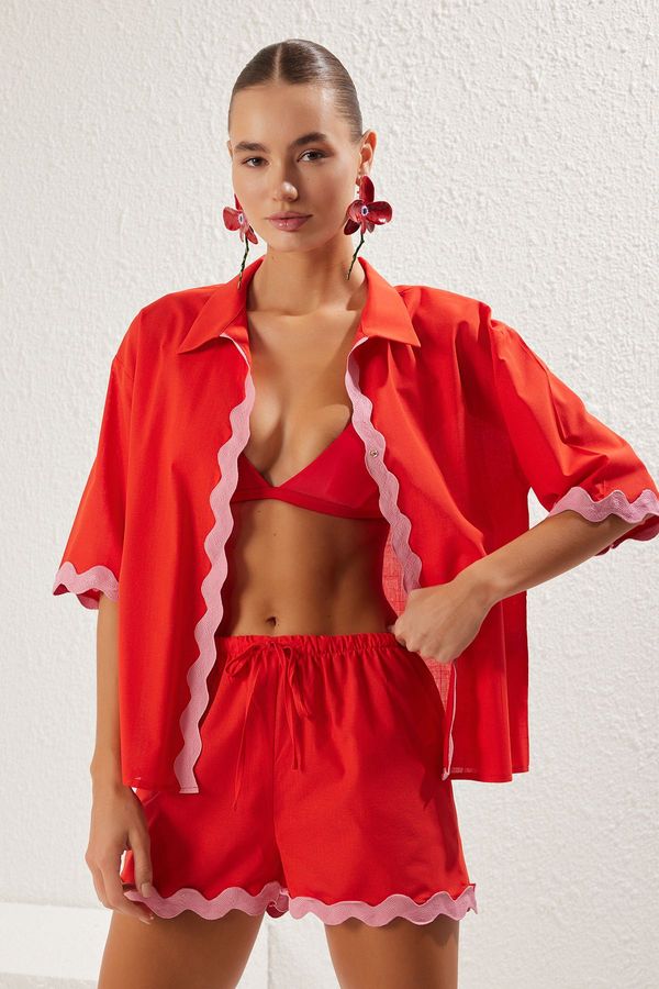 Trendyol Trendyol Red Pink Stripe Accessory Kimono Shorts Set