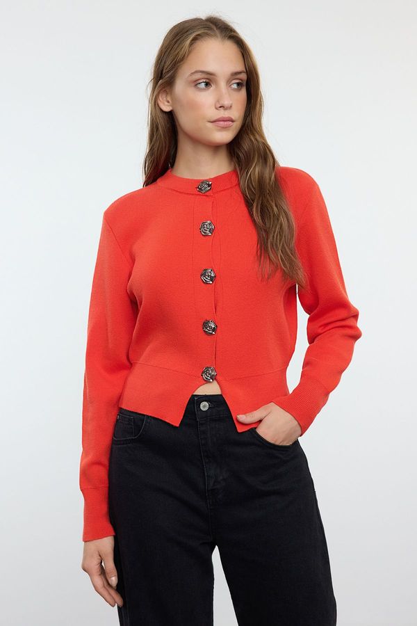 Trendyol Trendyol Red Premium Yarn/Special Yarn Crop Rose Button Detail Jacket Look Knitwear Cardigan