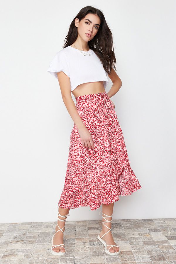 Trendyol Trendyol Red Printed Gathering Detail and Flounce High Waist Elastic Knitted Skirt