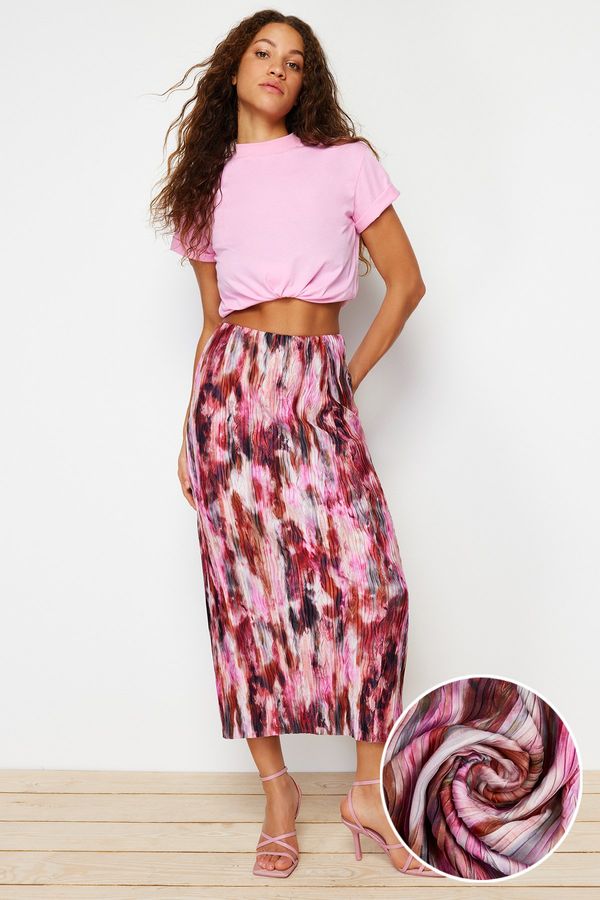 Trendyol Trendyol Red Printed Regular Elastic Waist Pleated Maxi Knitted Skirt