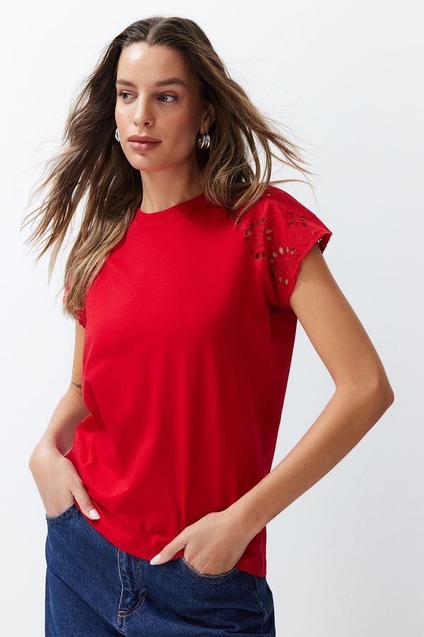 Trendyol Trendyol Red Regular/Normal Fit Brode Detail Raglan Sleeve Knitted T-Shirt