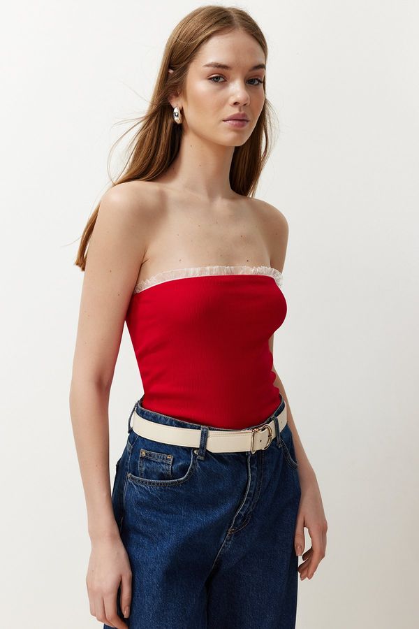 Trendyol Trendyol Red Ribbed Strapless Collar Woven Garnish Fitted Cotton Crop Knitted Blouse