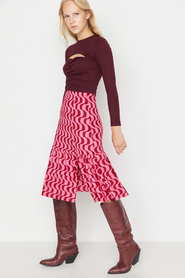 Trendyol Trendyol Red Ruffle Printed Knitted Skirt