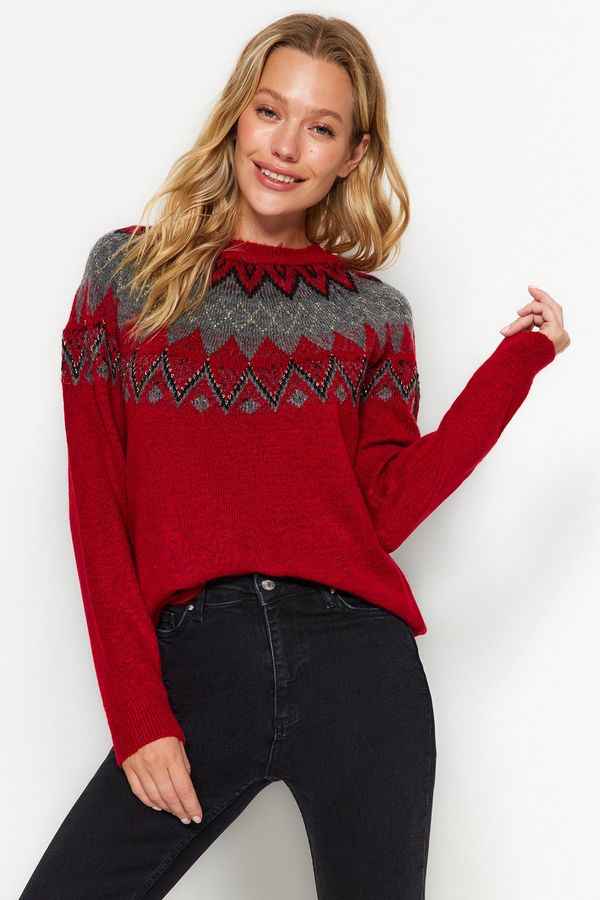 Trendyol Trendyol Red Silvery Patterned Knitwear Sweater with Raglan Sleeves
