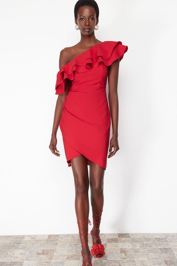 Trendyol Trendyol Red Single Sleeve Ruffled Woven Short Elegant Evening Dress