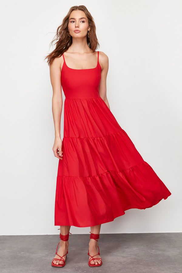 Trendyol Trendyol Red Skirt Waist Opening Cotton Blend Maxi Woven Dress