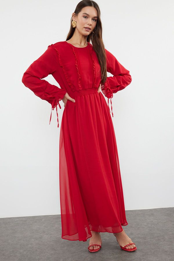 Trendyol Trendyol Red Sleeve Ruffle Detailed Woven Chiffon Dress