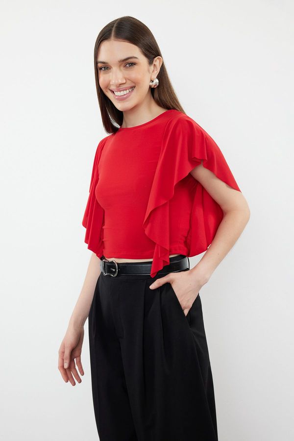 Trendyol Trendyol Red Sleeves Ruffle Detailed Crew Neck Stretchy Knitted Blouse