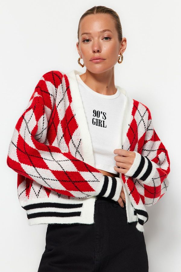 Trendyol Trendyol Red Soft Textured Diamond Pattern Knitwear Cardigan