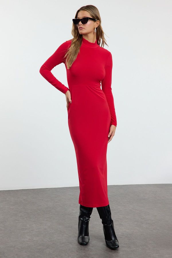 Trendyol Trendyol Red Stand Collar Fitted/Fits Body Maxi Stretch Knit Dress