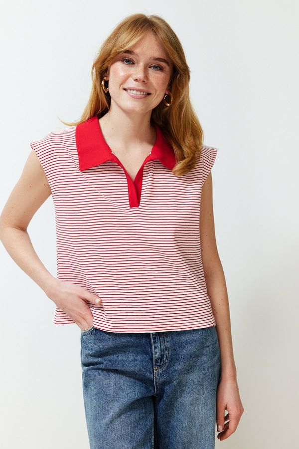 Trendyol Trendyol Red Striped Polo Neck Regular/Normal Pattern Knitted T-Shirt