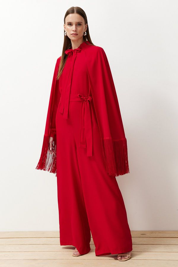 Trendyol Trendyol Red Tasseled Evening Dress Jumpsuit- Cape Suit