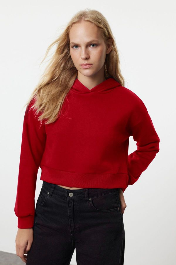 Trendyol Trendyol Red Thick Fleece Hooded Relaxed Cut Crop Basic Knitted Sweatshirt