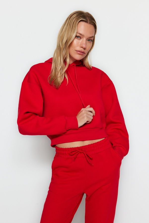 Trendyol Trendyol Red Thick Fleece Hooded Relaxed Cut Crop Basic Knitted Sweatshirt