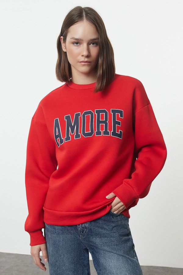 Trendyol Trendyol Red Thick Fleece Inside Oversize/Wide Cut Slogan Embroidered Knitted Sweatshirt