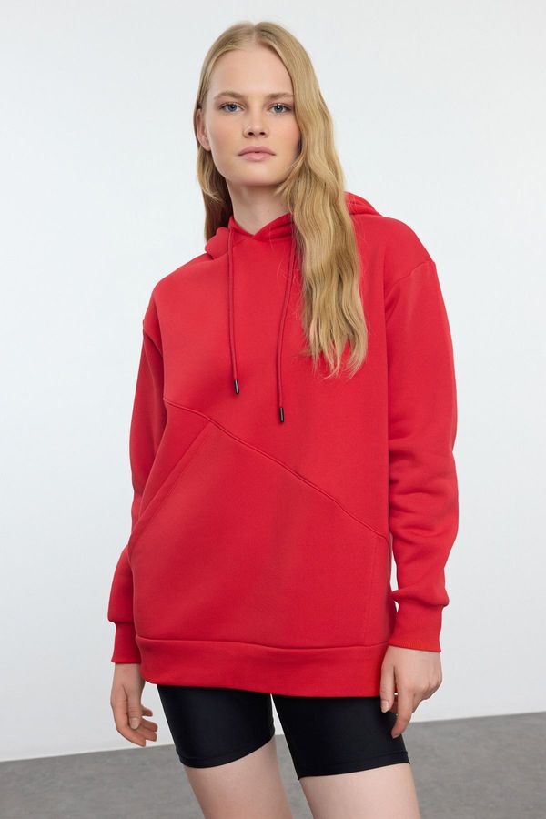 Trendyol Trendyol Red Thick Polar Fleece Oversize/Wide Pattern Hooded Knitted Sweatshirt