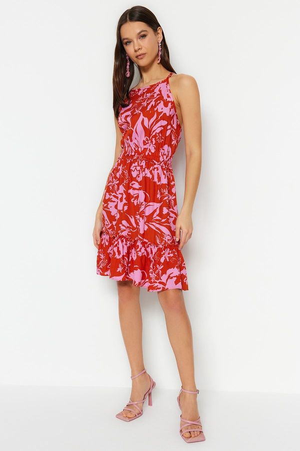 Trendyol Trendyol Red Waist Fitted Mini Woven Tropical Patterned Woven Dress