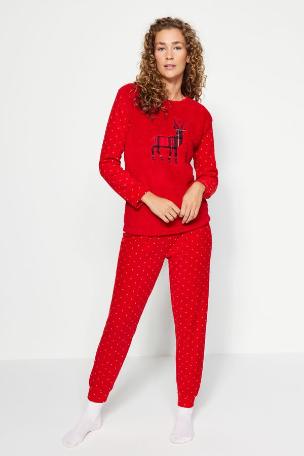Trendyol Trendyol Red Wellsoft Deer Pattern Tshirt-Jogger Knitted Pajamas Set