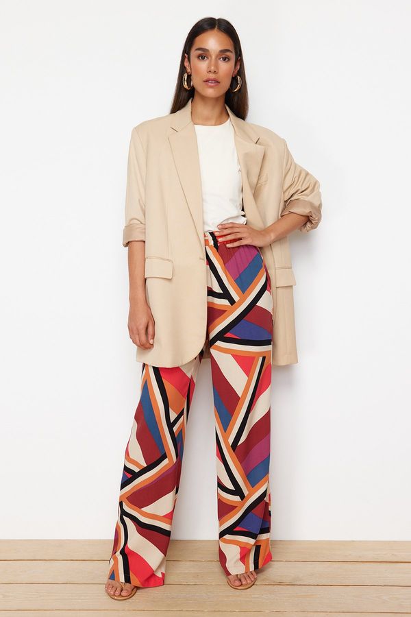 Trendyol Trendyol Red Wide Leg Patterned Woven Trousers with Elastic Waist Tie Detail