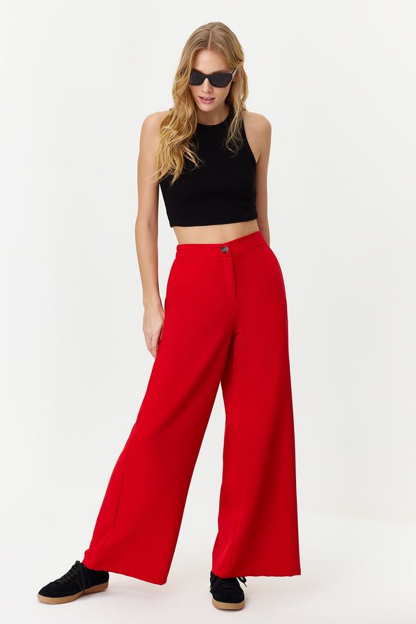 Trendyol Trendyol Red Wide Leg Woven Trousers with Side Buttons