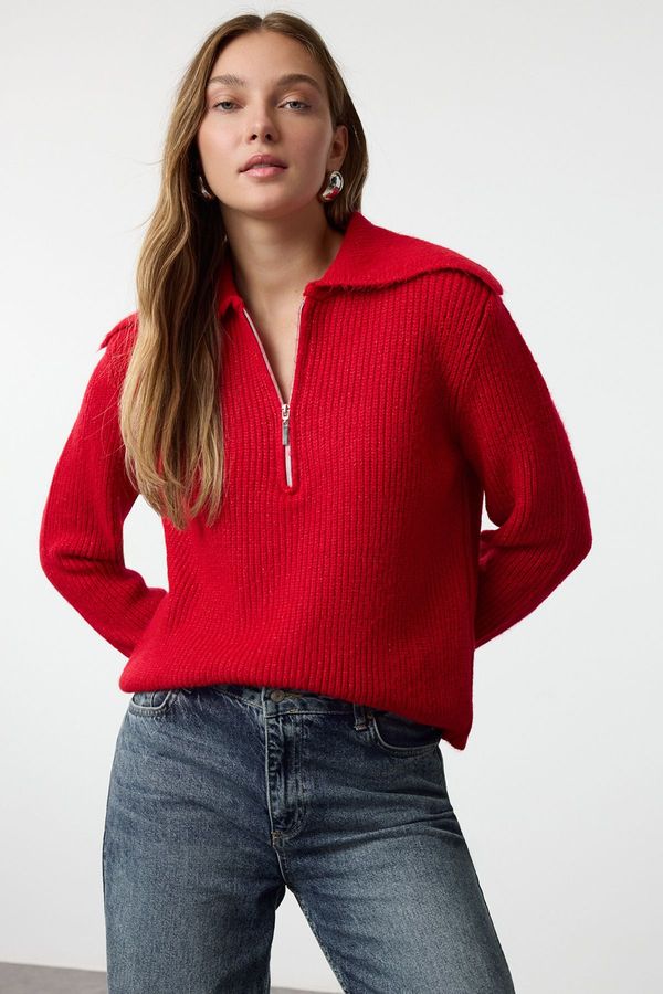 Trendyol Trendyol Red Wool Wide Pattern Turn-down Collar Zippered Knitwear Sweater