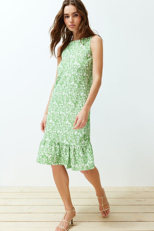 Trendyol Trendyol Ribbed Stretchy Knitted Midi Dress with Green Floral Ruffle Skirt