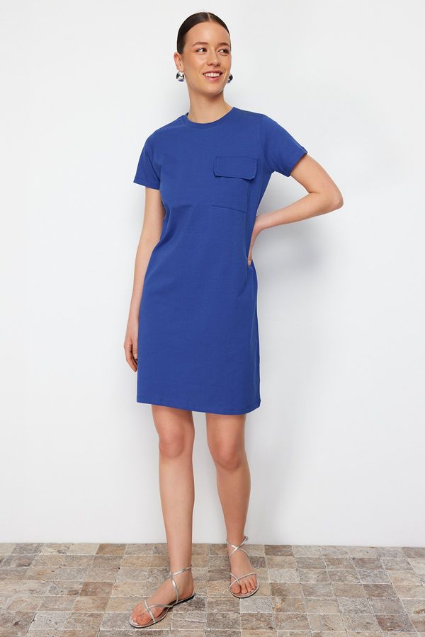 Trendyol Trendyol Saks 100% Cotton Pocket Detailed Crew Neck Short Sleeve Knitted T-shirt Dress