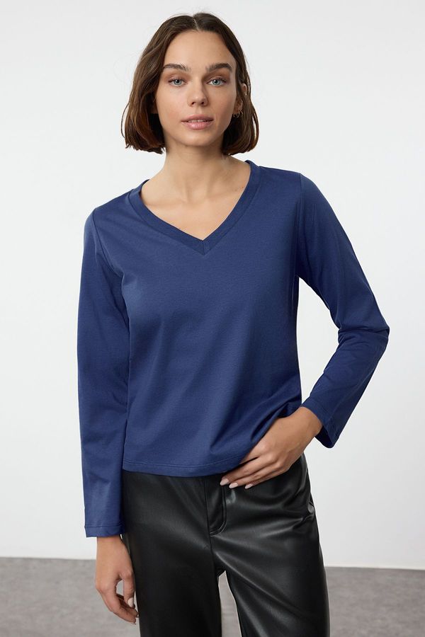 Trendyol Trendyol Saks 100% Cotton Regular/Normal Fit Basic V-Neck Long Sleeve Knitted T-Shirt