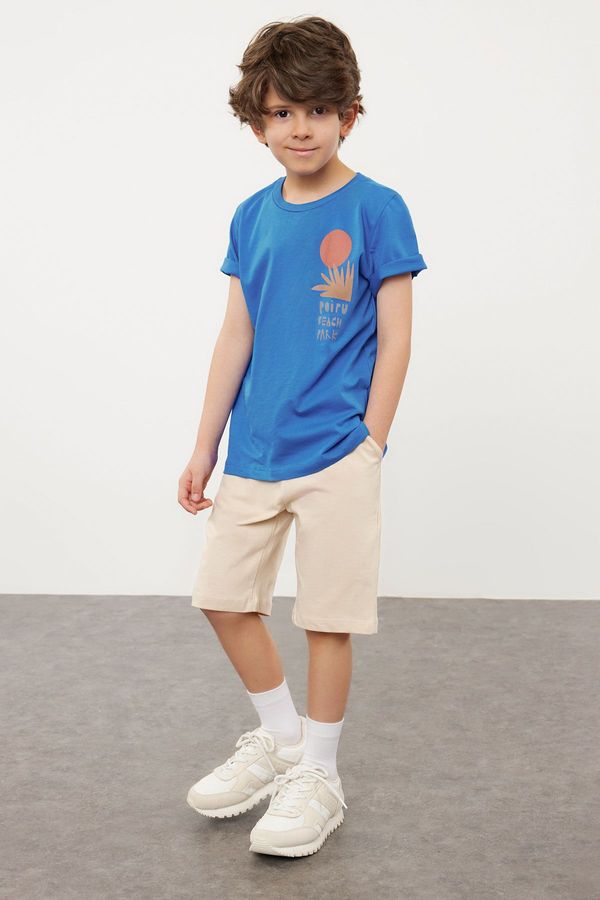 Trendyol Trendyol Saks Boy's Back Printed Short Sleeve T shirt Shorts Set Cotton Knitted Bottom-Top Set