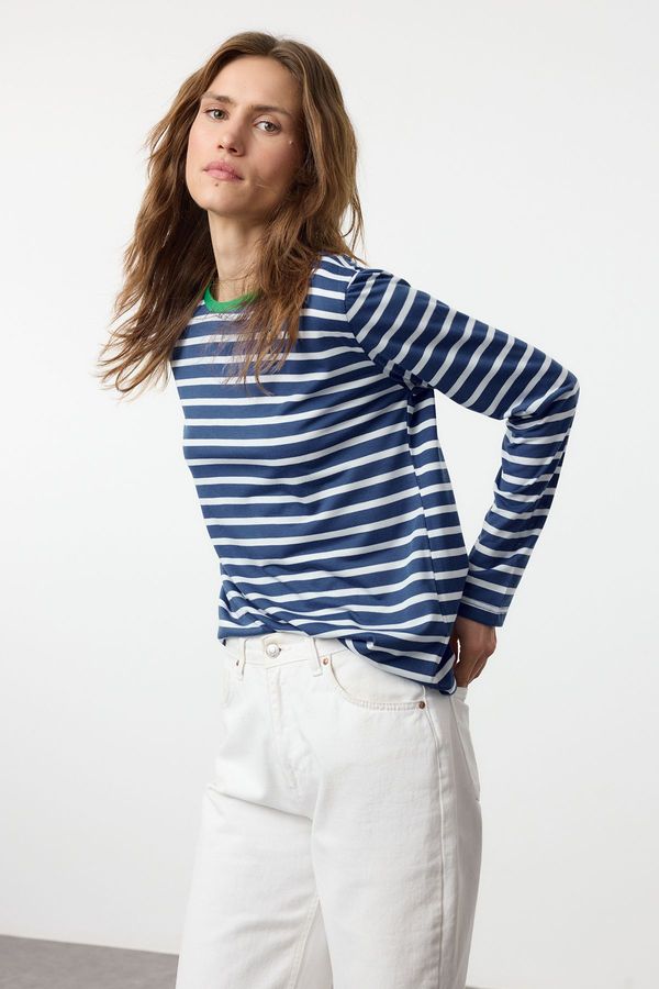 Trendyol Trendyol Saks-Ecru Striped Collar Colored Ribbed Striped Basic Knitted