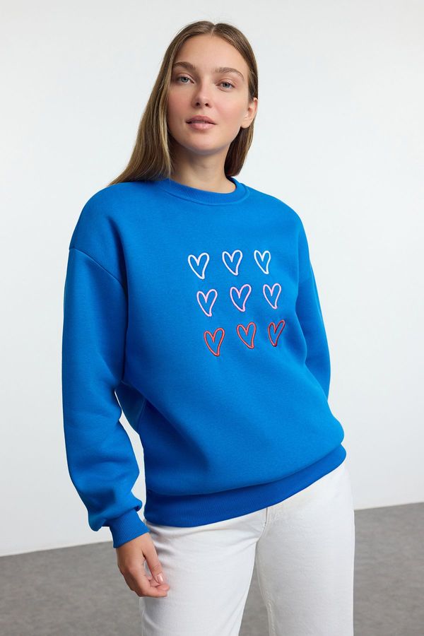 Trendyol Trendyol Saks Heart Embroidered Oversize/Wide Pattern Thick Inside Polar Fleece Knitted Sweatshirt