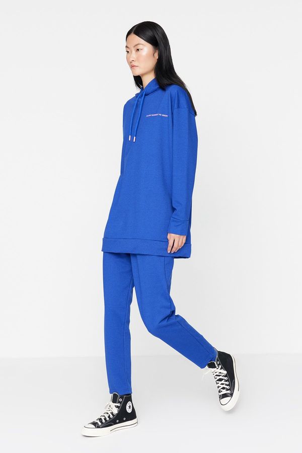 Trendyol Trendyol Saks Hooded Slogan Printed Knitted Tracksuit