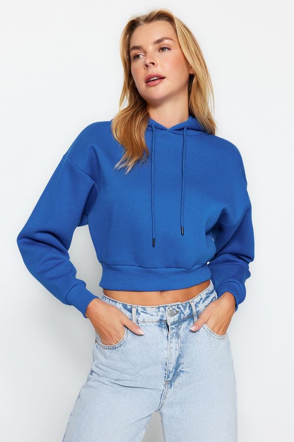 Trendyol Trendyol Saks Thick Fleece Hooded Relaxed Cut Crop Basic Knitted Sweatshirt