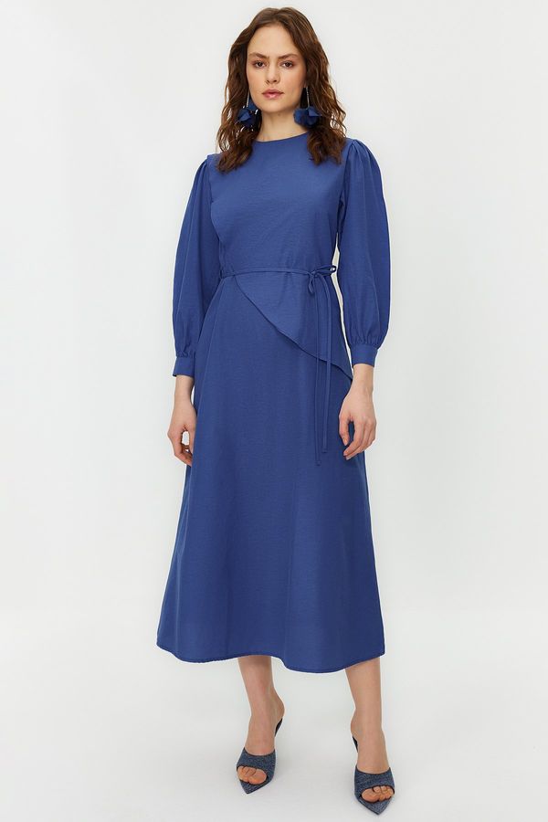 Trendyol Trendyol Saxe Blue Belted Front Pieced Cotton Woven Dress