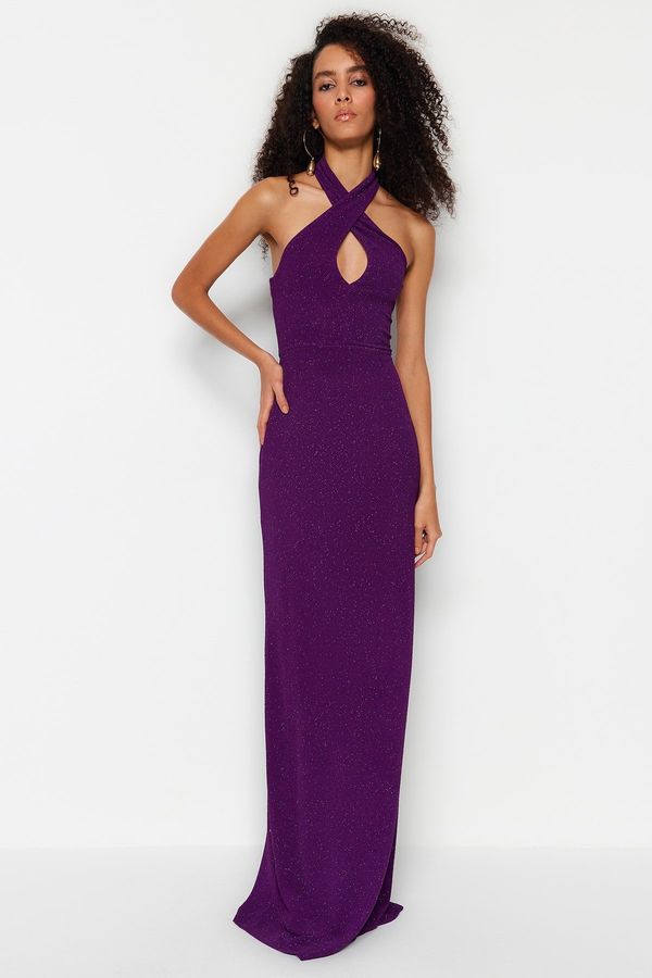 Trendyol Trendyol Shimmering Glittery Knitted Evening Dress With Purple Lining