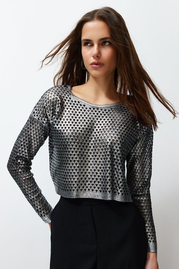 Trendyol Trendyol Silver Foil Printed Openwork/Perforated Knitwear Sweater