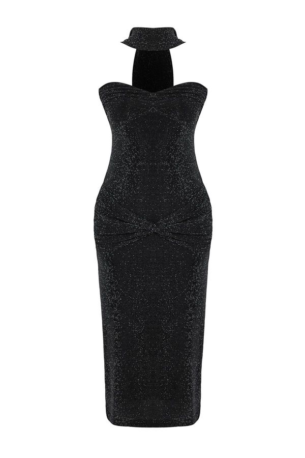 Trendyol Trendyol Silver Glitter Knitted Neck Tie Detail Dress