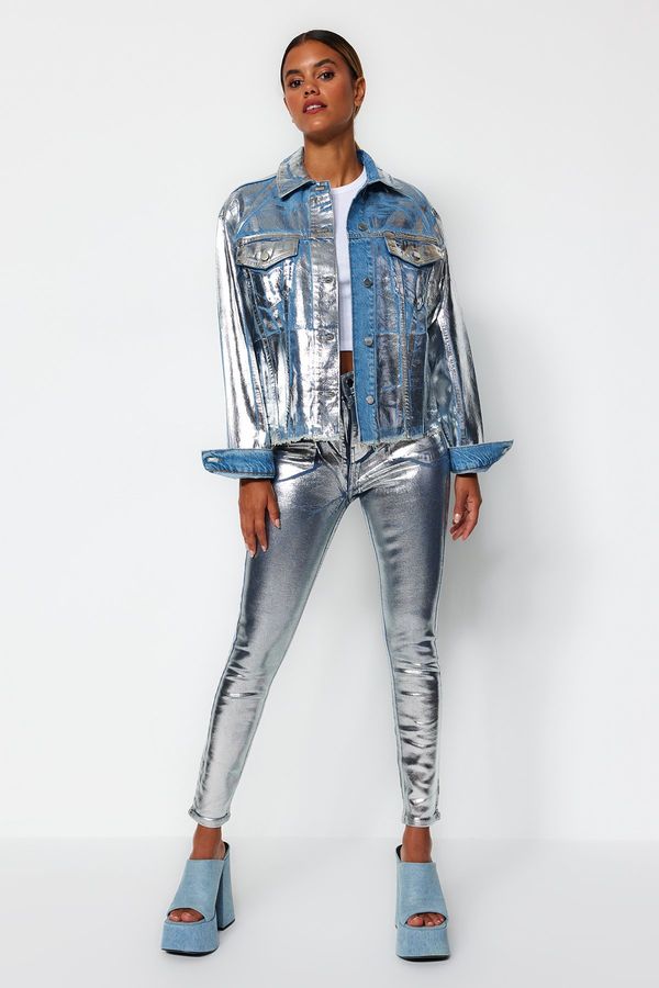 Trendyol Trendyol Silver Shiny Metallic Printed Denim Jacket
