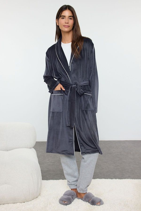 Trendyol Trendyol Smoke Belted, Piping, Pocketed Velvet Knitted Dressing Gown