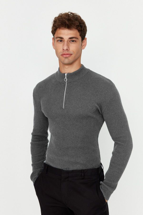 Trendyol Trendyol Smoke Fitted Cotton Half Turtleneck Plain Knitwear Sweater