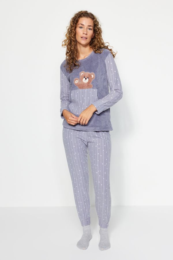 Trendyol Trendyol Smoked Wellsoft Teddy Bear Patterned Tshirt-Pants and Knitted Pajamas Set