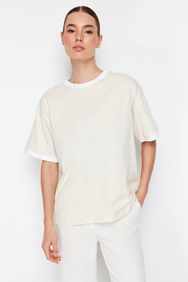 Trendyol Trendyol Stone 100% Cotton Contrast Collar and Stripe Detailed Oversize/Relaxed Cut Knitted T-Shirt