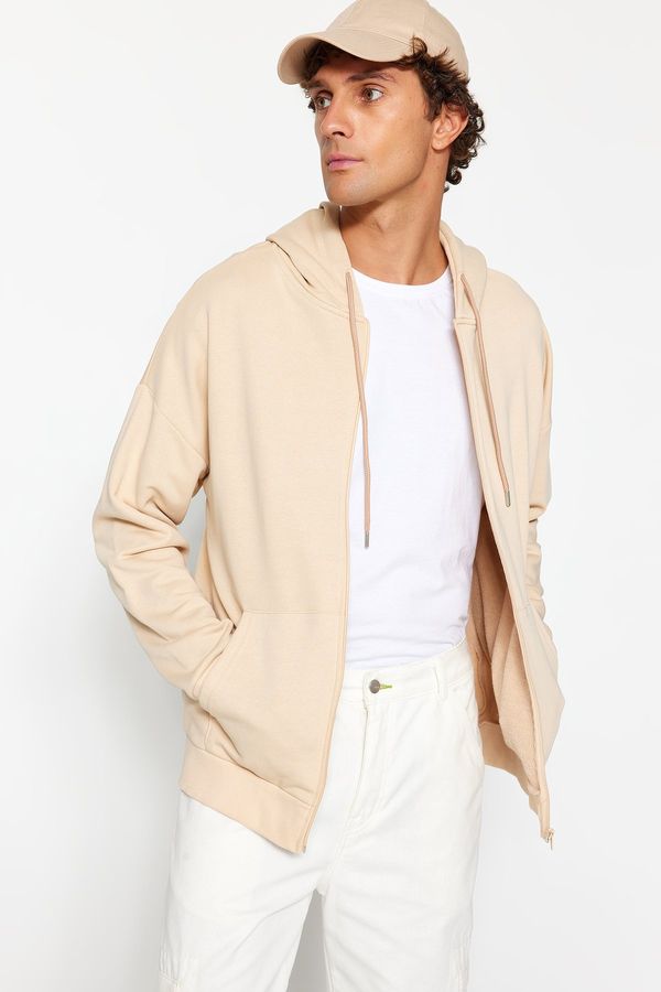 Trendyol Trendyol Stone Basic Oversize/Wide-Fit Zippered Hooded Thick Sweatshirt- Cardigan